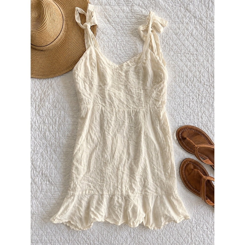 Vestique White Linen Tie Shoulder Ruffle Hem Mini Dress YD615 Large